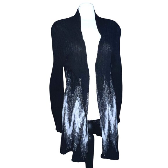Chicos Black Open Front Cardigan Sweater With Ombre Metallic Detail Sz 1 (Medium - Picture 3 of 9
